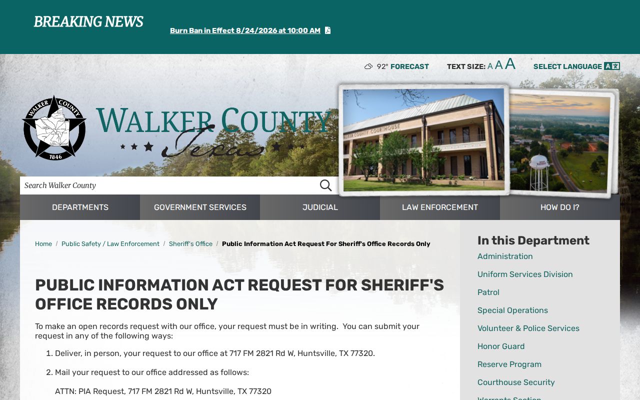 Walker County sheriff booking-record request instructions